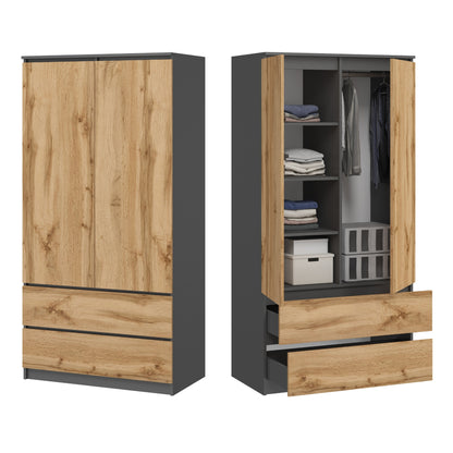 Kleiderschrank Schrank 180cm Höhe 90cm Breite mit 2 Schubladen, 3 Einlegeböden und Kleiderstange Haushaltsschrank Organizer aus MDF Holz erweiterbar auf 235cm Höhe