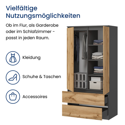 Home Collective Kleiderschrank Schrank Mehrzweckschrank Haushaltsschrank 90x50x180 cm (BxTxH)  mit 2 Schubladen, 3 Einlegeböden & Kleiderstange  – robust, platzsparend & vielseitig
