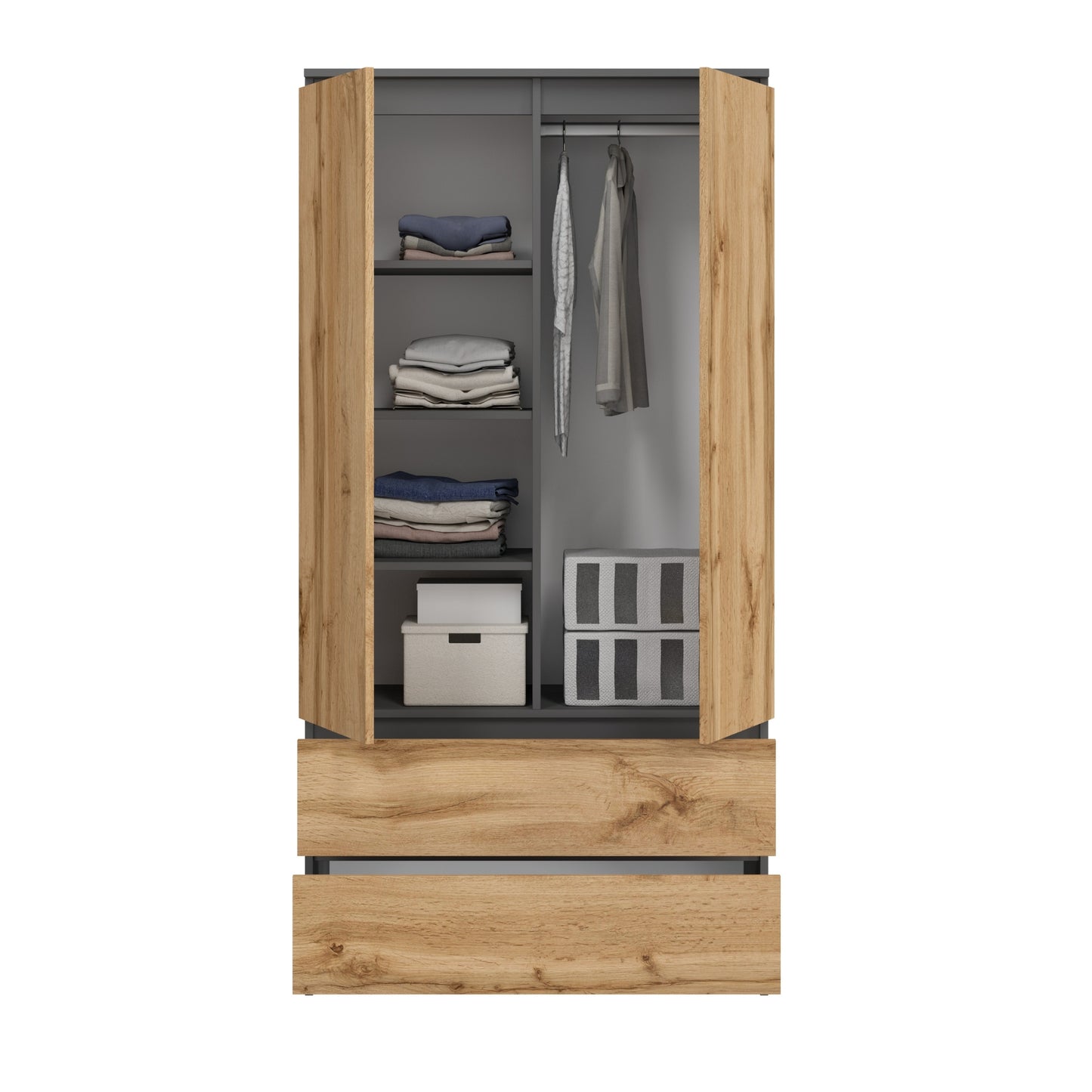 Armoire penderie 180 cm hauteur 90 cm largeur avec 2 tiroirs, 3 étagères et tringle à vêtements Organisateur d'armoire domestique en bois MDF extensible jusqu'à 235 cm de hauteur