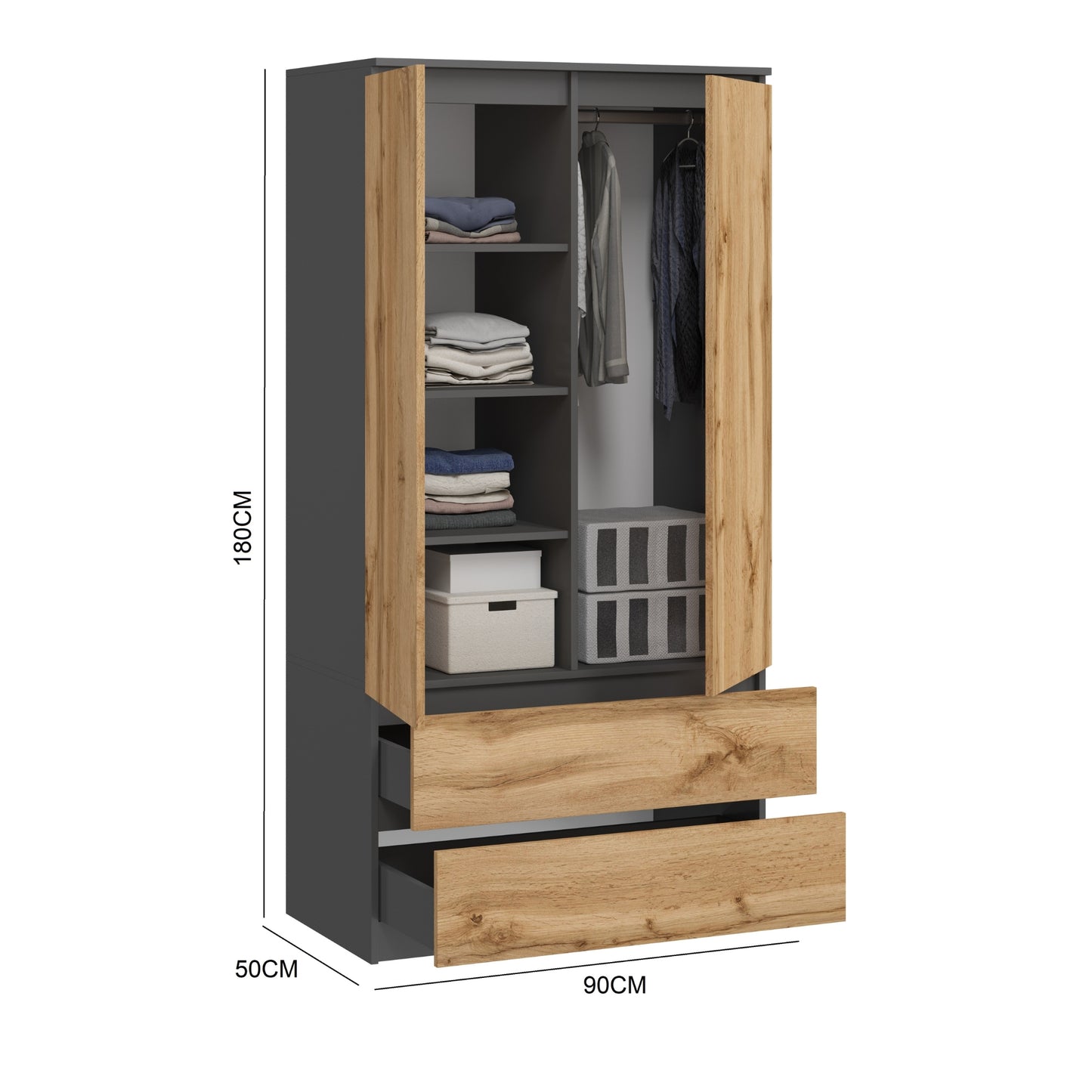 Kleiderschrank Schrank 180cm Höhe 90cm Breite mit 2 Schubladen, 3 Einlegeböden und Kleiderstange Haushaltsschrank Organizer aus MDF Holz erweiterbar auf 235cm Höhe