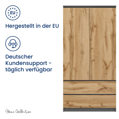Home Collective Kleiderschrank Schrank Mehrzweckschrank Haushaltsschrank 90x50x180 cm (BxTxH)  mit 2 Schubladen, 3 Einlegeböden & Kleiderstange  – robust, platzsparend & vielseitig