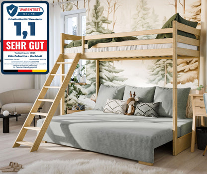 Hochbett 90x200 cm weiß mit Schlafsofa 140x200 cm Couch in Cord-Stoff OEKO-TEX 100 mit 3 Kissen, Etagenbett Stockbett 200x90 mit Leiter und Schlafcouch 200x140