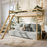 Hochbett 90x200 cm weiß mit Schlafsofa 140x200 cm Couch in Cord-Stoff OEKO-TEX 100 mit 3 Kissen, Etagenbett Stockbett 200x90 mit Leiter und Schlafcouch 200x140