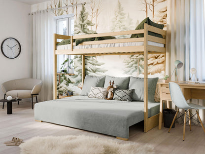 Hochbett 90x200 cm weiß mit Schlafsofa 140x200 cm Couch in Cord-Stoff OEKO-TEX 100 mit 3 Kissen, Etagenbett Stockbett 200x90 mit Leiter und Schlafcouch 200x140