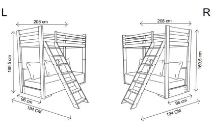 Lit mezzanine 90x200 cm blanc avec canapé lit 140x200 cm canapé en tissu corde vert sauge-bleu OEKO-TEX 100 avec 3 oreillers, lit superposé lit superposé 200x90 avec échelle et canapé lit 200x140