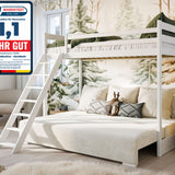 Hochbett 90x200 cm weiß mit Schlafsofa 140x200 cm Couch in Cord-Stoff OEKO-TEX 100 mit 3 Kissen, Etagenbett Stockbett 200x90 mit Leiter und Schlafcouch 200x140