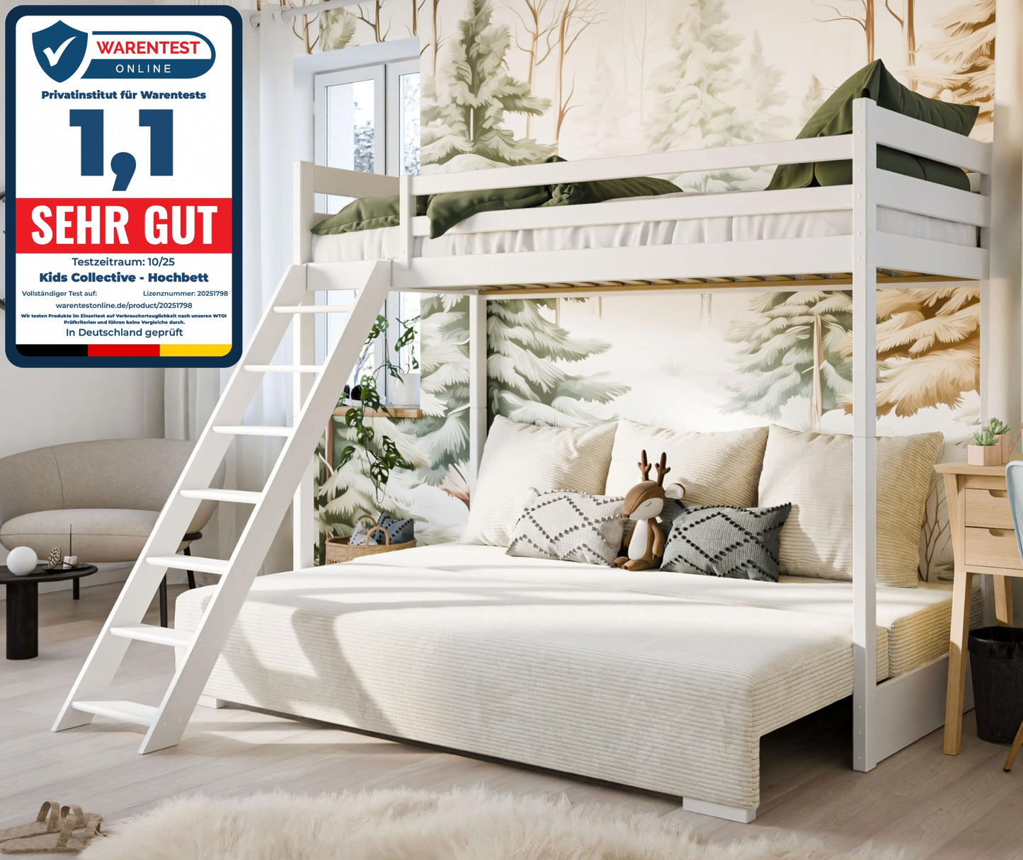 Hochbett 90x200 cm weiß mit Schlafsofa 140x200 cm Couch in Cord-Stoff OEKO-TEX 100 mit 3 Kissen, Etagenbett Stockbett 200x90 mit Leiter und Schlafcouch 200x140