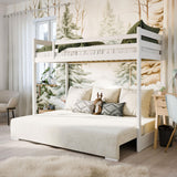 Hochbett 90x200 cm weiß mit Schlafsofa 140x200 cm Couch in Cord-Stoff OEKO-TEX 100 mit 3 Kissen, Etagenbett Stockbett 200x90 mit Leiter und Schlafcouch 200x140