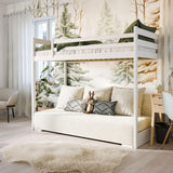 Hochbett 90x200 cm weiß mit Schlafsofa 140x200 cm Couch in Cord-Stoff OEKO-TEX 100 mit 3 Kissen, Etagenbett Stockbett 200x90 mit Leiter und Schlafcouch 200x140