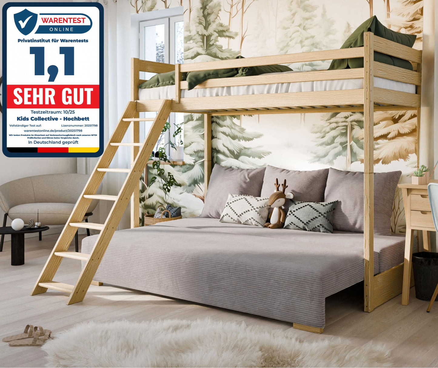 Hochbett 90x200 cm weiß mit Schlafsofa 140x200 cm Couch in Cord-Stoff OEKO-TEX 100 mit 3 Kissen, Etagenbett Stockbett 200x90 mit Leiter und Schlafcouch 200x140