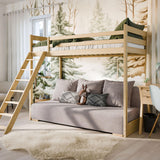 Hochbett 90x200 cm weiß mit Schlafsofa 140x200 cm Couch in Cord-Stoff OEKO-TEX 100 mit 3 Kissen, Etagenbett Stockbett 200x90 mit Leiter und Schlafcouch 200x140