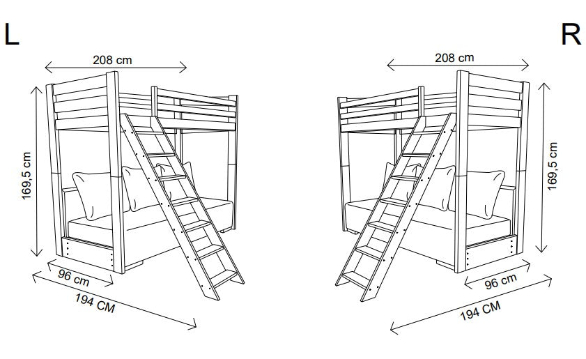 Lit mezzanine 90x200 cm blanc avec canapé lit 140x200 cm canapé en tissu corde vert sauge-bleu OEKO-TEX 100 avec 3 oreillers, lit superposé lit superposé 200x90 avec échelle et canapé lit 200x140