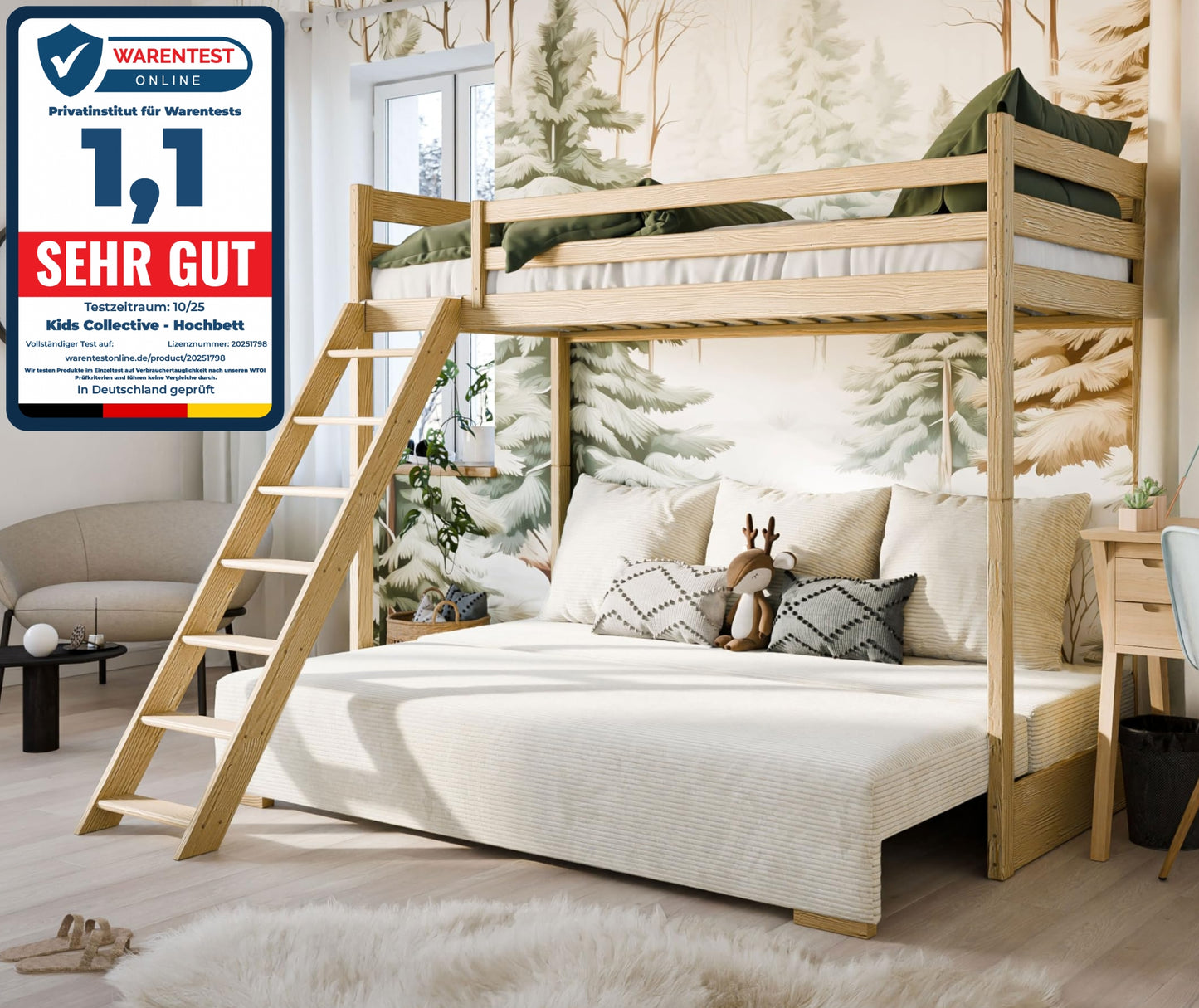 Hochbett 90x200 cm weiß mit Schlafsofa 140x200 cm Couch in Cord-Stoff OEKO-TEX 100 mit 3 Kissen, Etagenbett Stockbett 200x90 mit Leiter und Schlafcouch 200x140