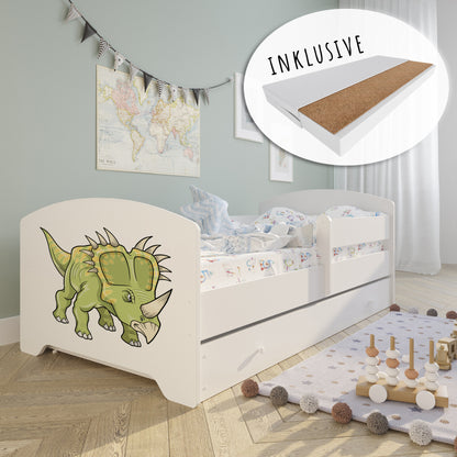 Lit enfant 70x140 | 80x160 cm avec matelas et tiroir, protection antichute &amp; sommier à lattes en blanc et avec motifs (pompiers, police, princesse, dinosaure...) pour garçons et filles