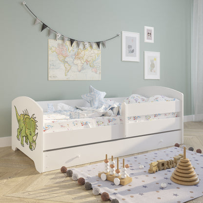 Lit enfant 70x140 | 80x160 cm avec matelas et tiroir, protection antichute &amp; sommier à lattes en blanc et avec motifs (pompiers, police, princesse, dinosaure...) pour garçons et filles