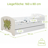 Lit enfant 70x140 | 80x160 cm avec matelas et tiroir, protection antichute &amp; sommier à lattes en blanc et avec motifs (pompiers, police, princesse, dinosaure...) pour garçons et filles