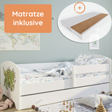 Lit enfant 70x140 | 80x160 cm avec matelas et tiroir, protection antichute &amp; sommier à lattes en blanc et avec motifs (pompiers, police, princesse, dinosaure...) pour garçons et filles