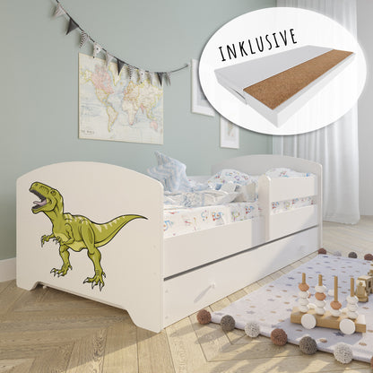 Lit enfant 70x140 | 80x160 cm avec matelas et tiroir, protection antichute &amp; sommier à lattes en blanc et avec motifs (pompiers, police, princesse, dinosaure...) pour garçons et filles