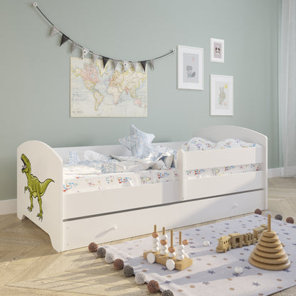 Lit enfant 70x140 | 80x160 cm avec matelas et tiroir, protection antichute &amp; sommier à lattes en blanc et avec motifs (pompiers, police, princesse, dinosaure...) pour garçons et filles