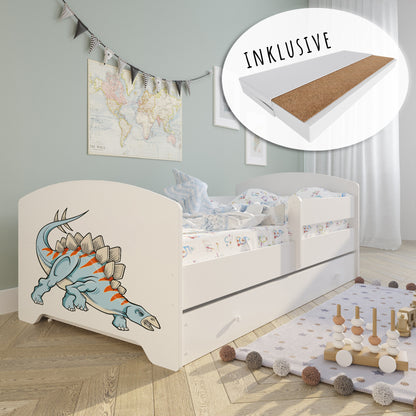 Lit enfant 70x140 | 80x160 cm avec matelas et tiroir, protection antichute &amp; sommier à lattes en blanc et avec motifs (pompiers, police, princesse, dinosaure...) pour garçons et filles