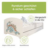 Lit enfant 70x140 | 80x160 cm avec matelas et tiroir, protection antichute &amp; sommier à lattes en blanc et avec motifs (pompiers, police, princesse, dinosaure...) pour garçons et filles