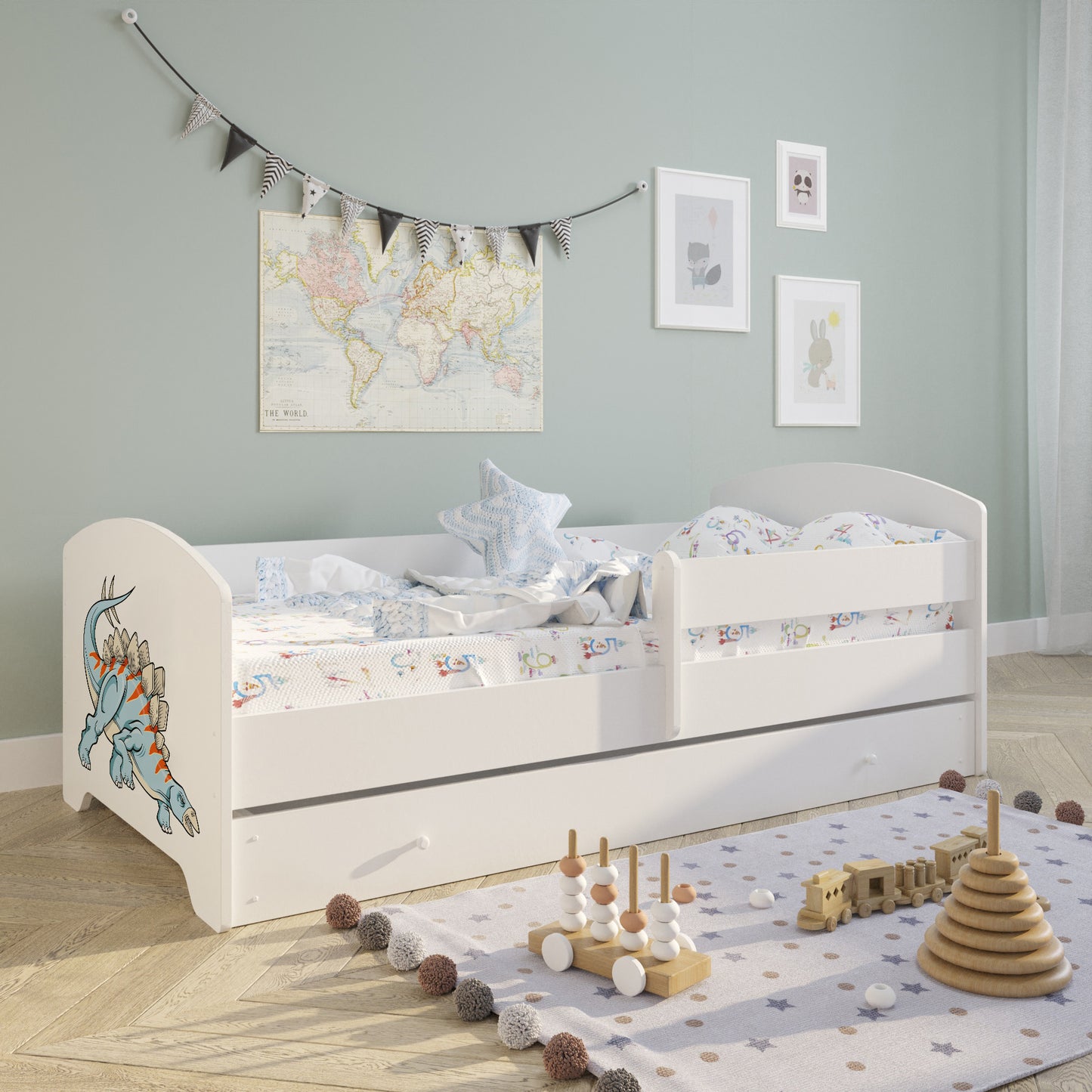 Lit enfant 70x140 | 80x160 cm avec matelas et tiroir, protection antichute &amp; sommier à lattes en blanc et avec motifs (pompiers, police, princesse, dinosaure...) pour garçons et filles