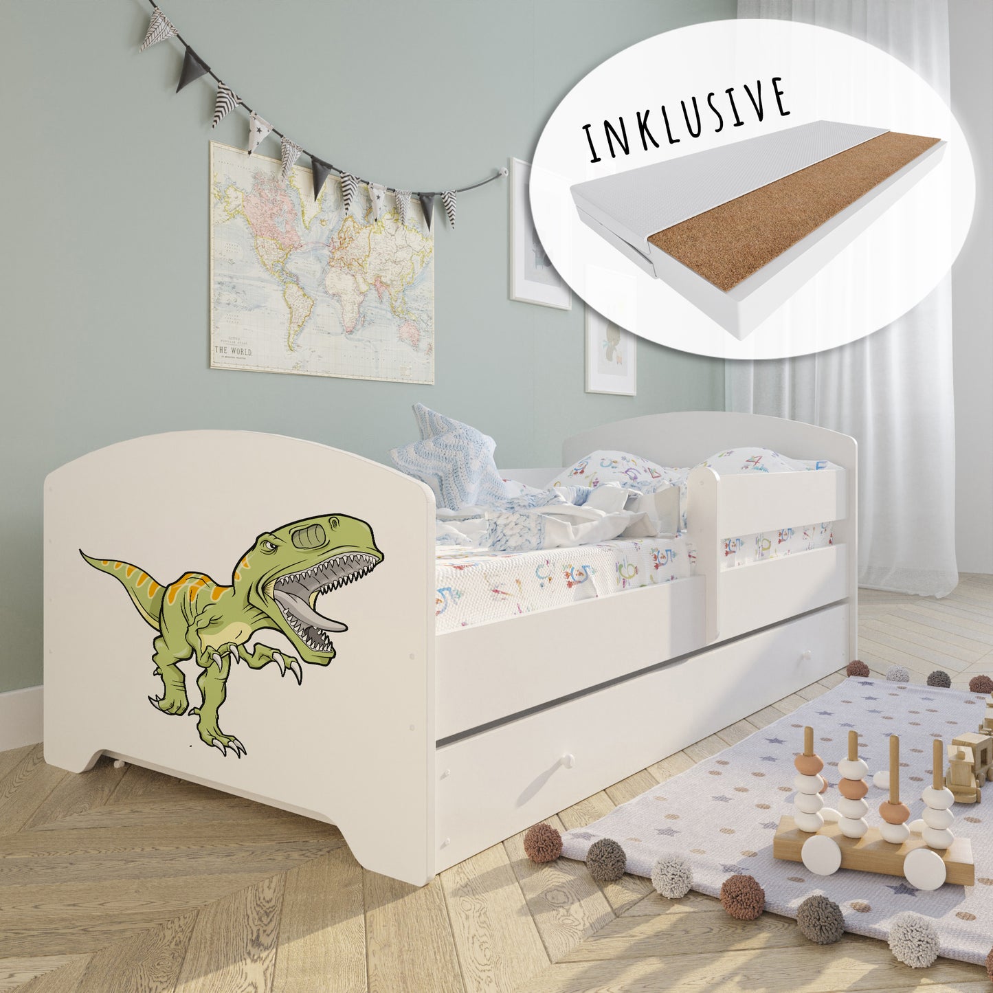 Lit enfant 70x140 | 80x160 cm avec matelas et tiroir, protection antichute &amp; sommier à lattes en blanc et avec motifs (pompiers, police, princesse, dinosaure...) pour garçons et filles