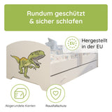 Lit enfant 70x140 | 80x160 cm avec matelas et tiroir, protection antichute &amp; sommier à lattes en blanc et avec motifs (pompiers, police, princesse, dinosaure...) pour garçons et filles