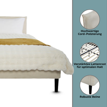 Bett 140x200 und 160x200 cm, Polsterbett mit Lattenrost, Bettgestell 140x200 & 160x200 cm, Doppelbett mit weichem Cord & Samt bezug und gepolstertem Kopfteil, robustes Gestell, hoher Liegekomfort