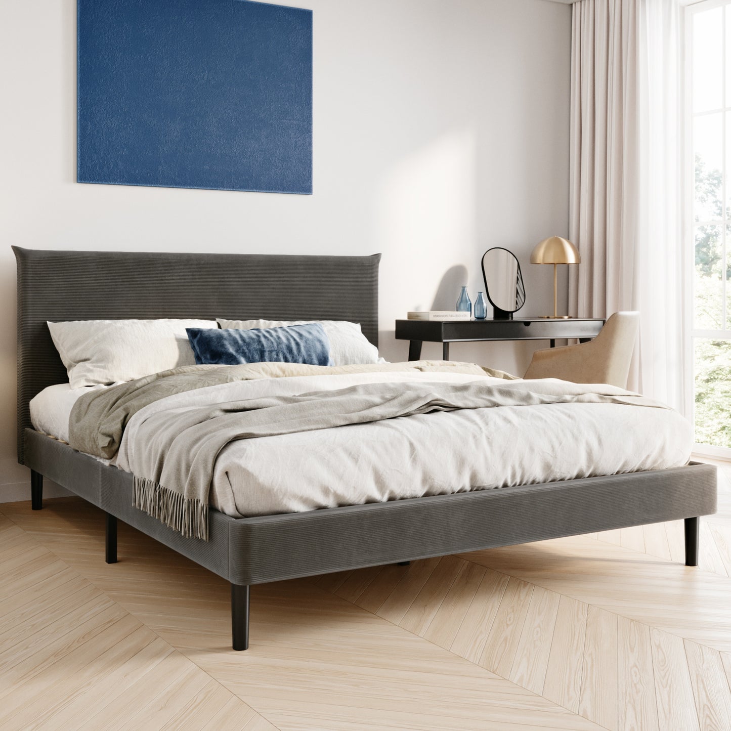 Bett 140x200 und 160x200 cm, Polsterbett mit Lattenrost, Bettgestell 140x200 & 160x200 cm, Doppelbett mit weichem Cord & Samt bezug und gepolstertem Kopfteil, robustes Gestell, hoher Liegekomfort