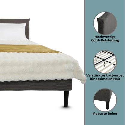Bett 140x200 und 160x200 cm, Polsterbett mit Lattenrost, Bettgestell 140x200 & 160x200 cm, Doppelbett mit weichem Cord & Samt bezug und gepolstertem Kopfteil, robustes Gestell, hoher Liegekomfort