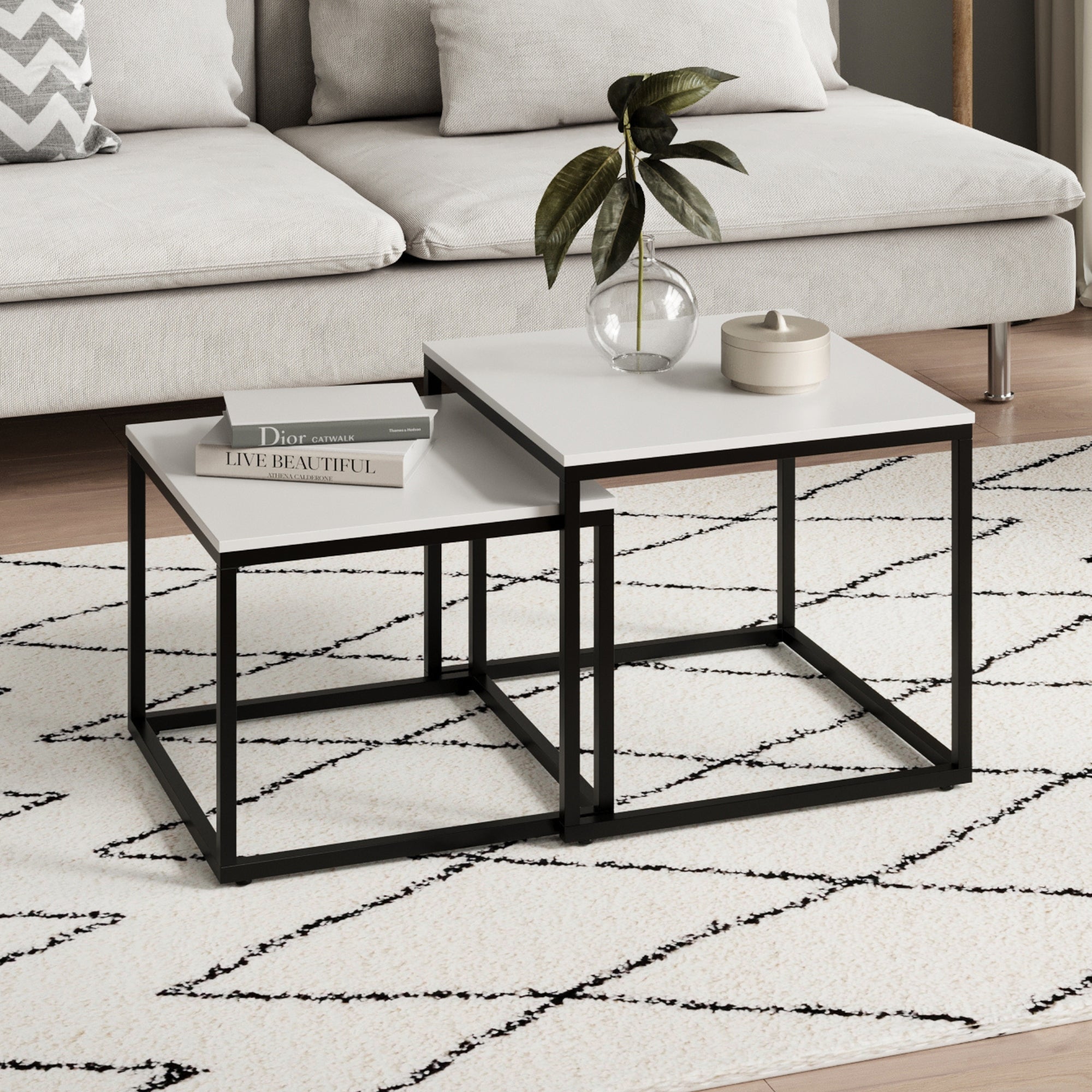 Lot de 2 tables basses carrées en bois, table de salon moderne, table d'appoint 2 en 1 avec structure en métal pour salon, bureau, table d'appoint design Loft TWIN, surface résistante aux rayures