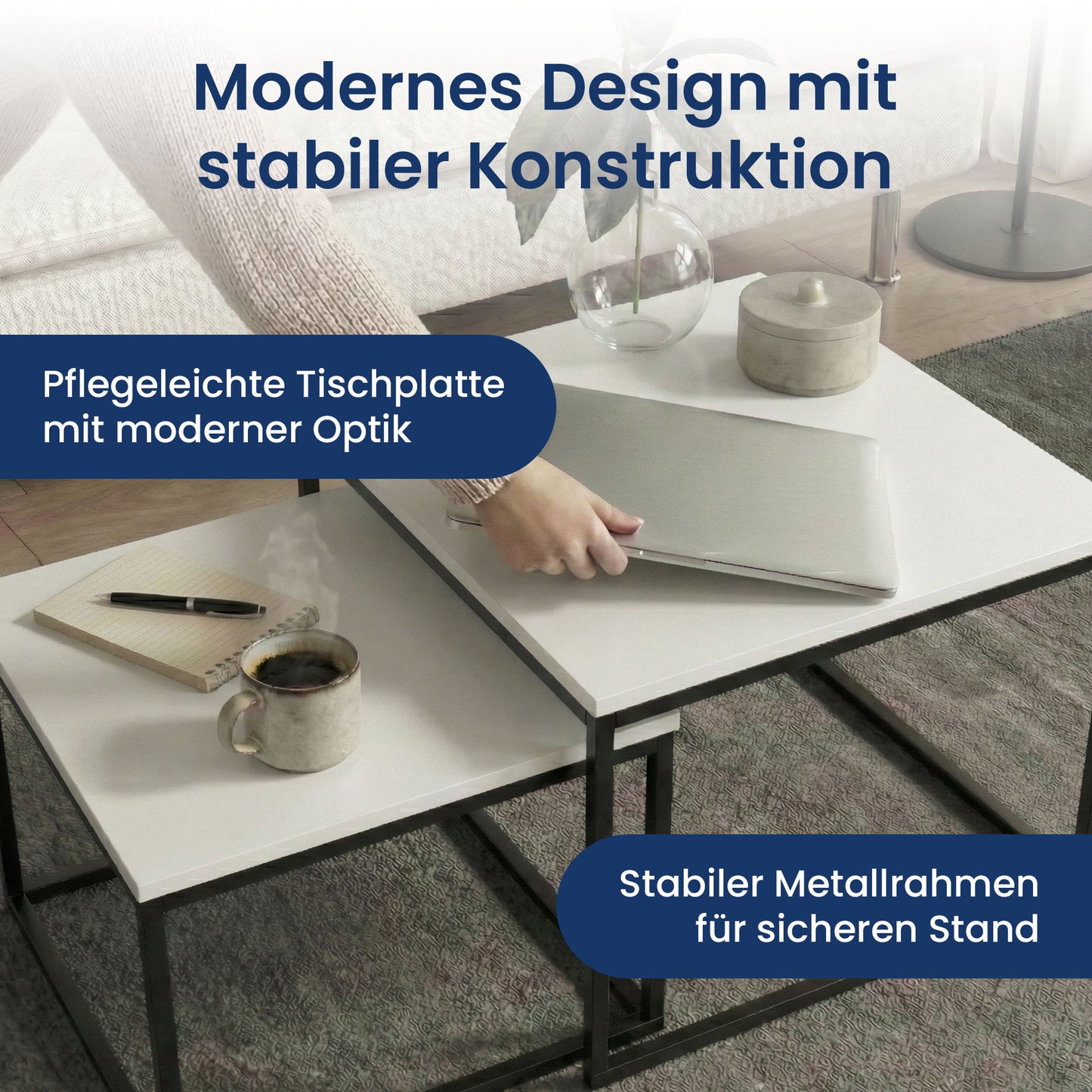 Couchtisch Klein 2er Set aus Holz, Wohnzimmertisch Modern, Beistelltisch Set 2 in 1 mit Metallgestell für Wohnzimmer Büro Beistelltisch Loft Design TWIN, kratzfeste Oberfläche