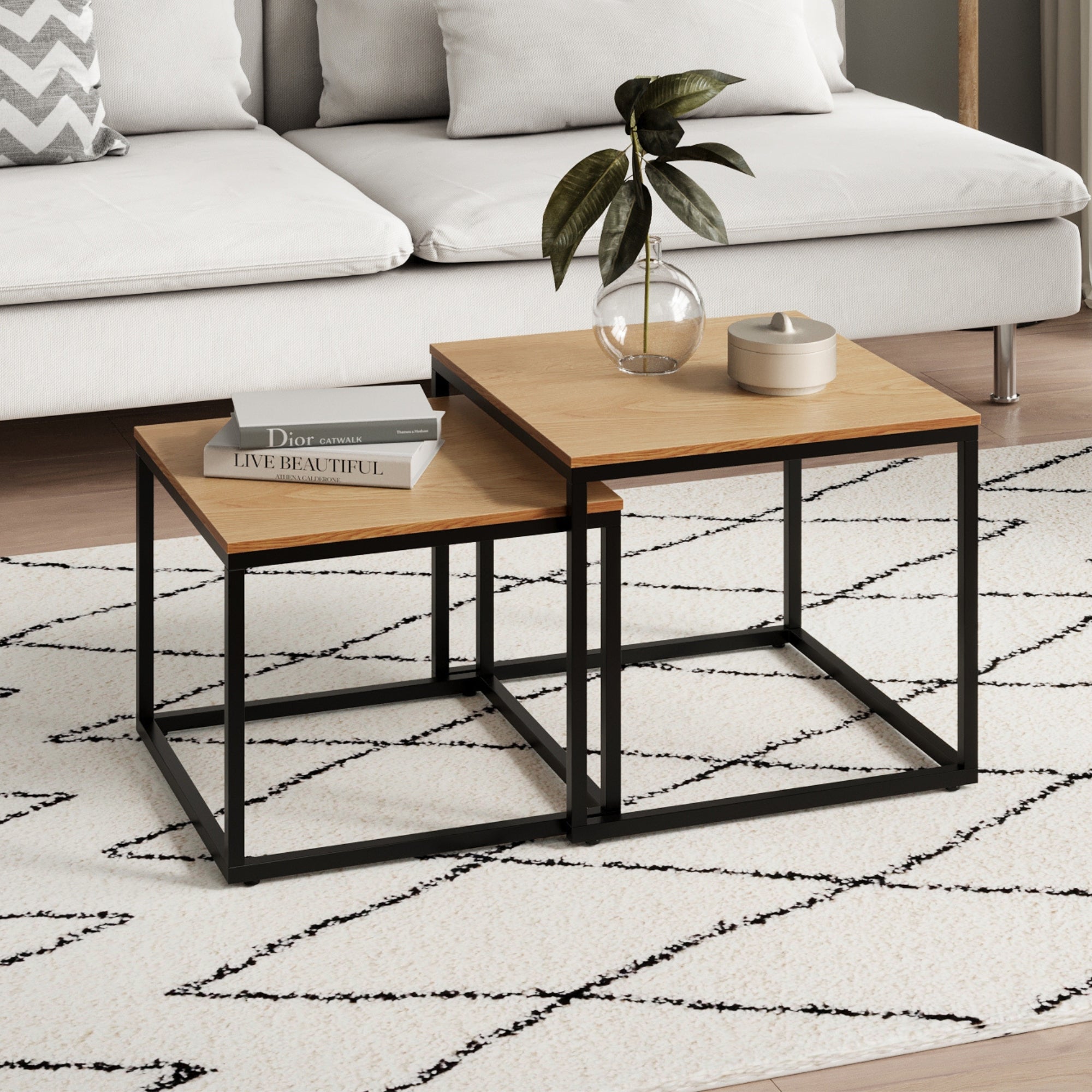 Lot de 2 tables basses carrées en bois, table de salon moderne, table d'appoint 2 en 1 avec structure en métal pour salon, bureau, table d'appoint design Loft TWIN, surface résistante aux rayures