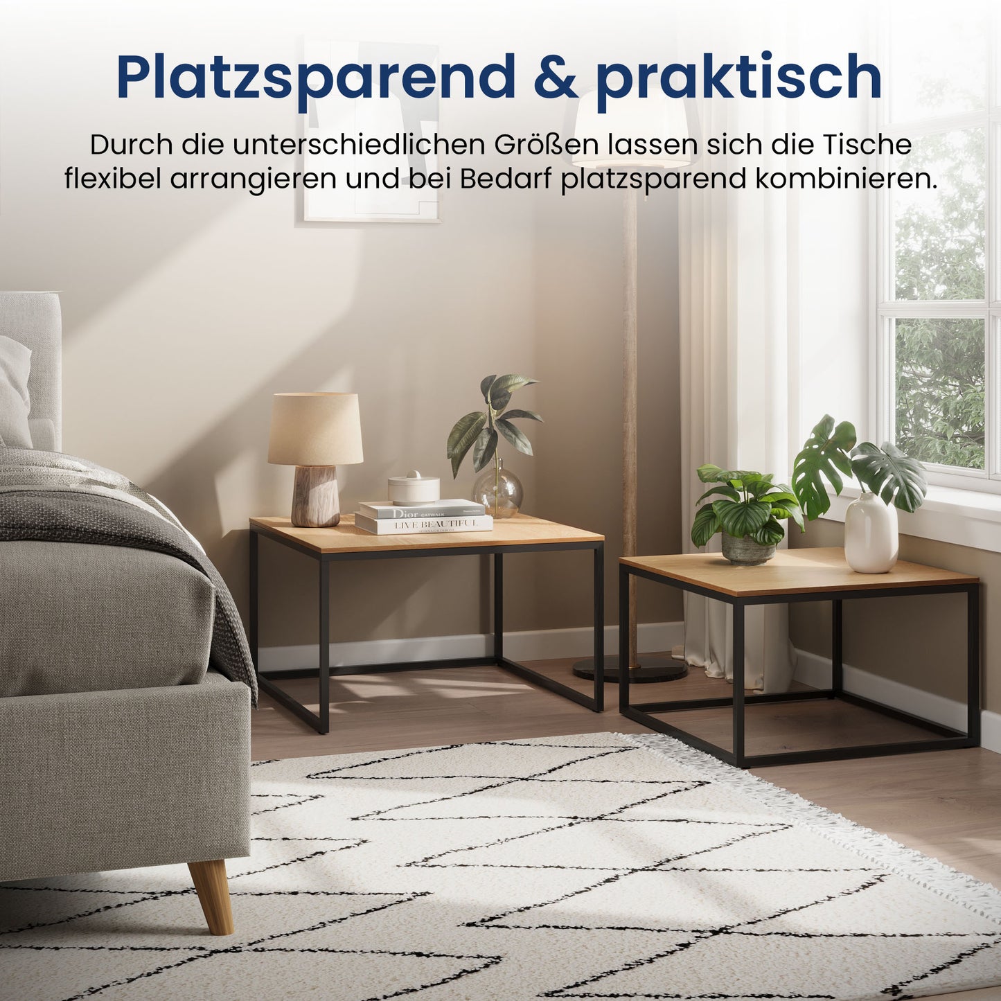 Couchtisch Klein 2er Set aus Holz, Wohnzimmertisch Modern, Beistelltisch Set 2 in 1 mit Metallgestell für Wohnzimmer Büro Beistelltisch Loft Design TWIN, kratzfeste Oberfläche