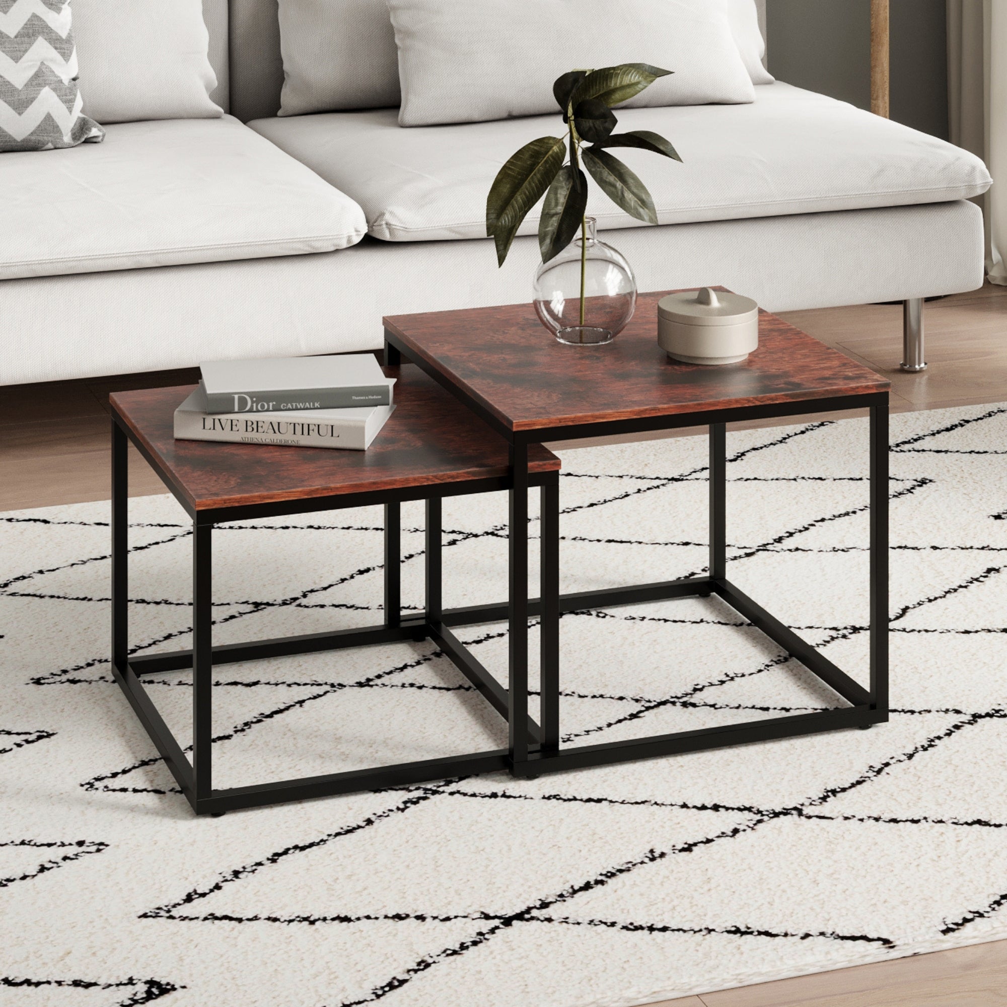 Lot de 2 tables basses carrées en bois, table de salon moderne, table d'appoint 2 en 1 avec structure en métal pour salon, bureau, table d'appoint design Loft TWIN, surface résistante aux rayures