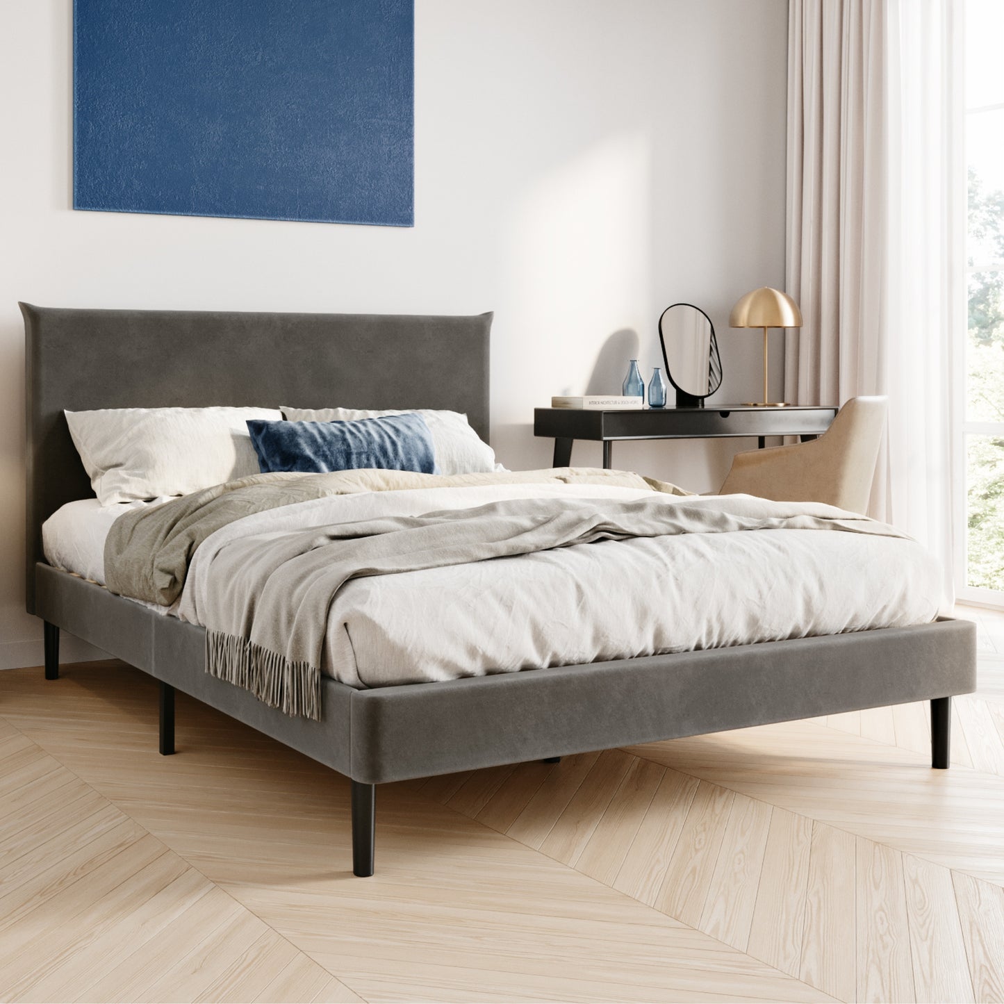 Bett 140x200 und 160x200 cm, Polsterbett mit Lattenrost, Bettgestell 140x200 & 160x200 cm, Doppelbett mit weichem Cord & Samt bezug und gepolstertem Kopfteil, robustes Gestell, hoher Liegekomfort