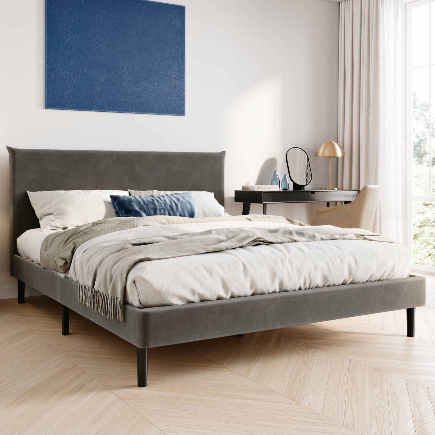 Bett 140x200 und 160x200 cm, Polsterbett mit Lattenrost, Bettgestell 140x200 & 160x200 cm, Doppelbett mit weichem Cord & Samt bezug und gepolstertem Kopfteil, robustes Gestell, hoher Liegekomfort