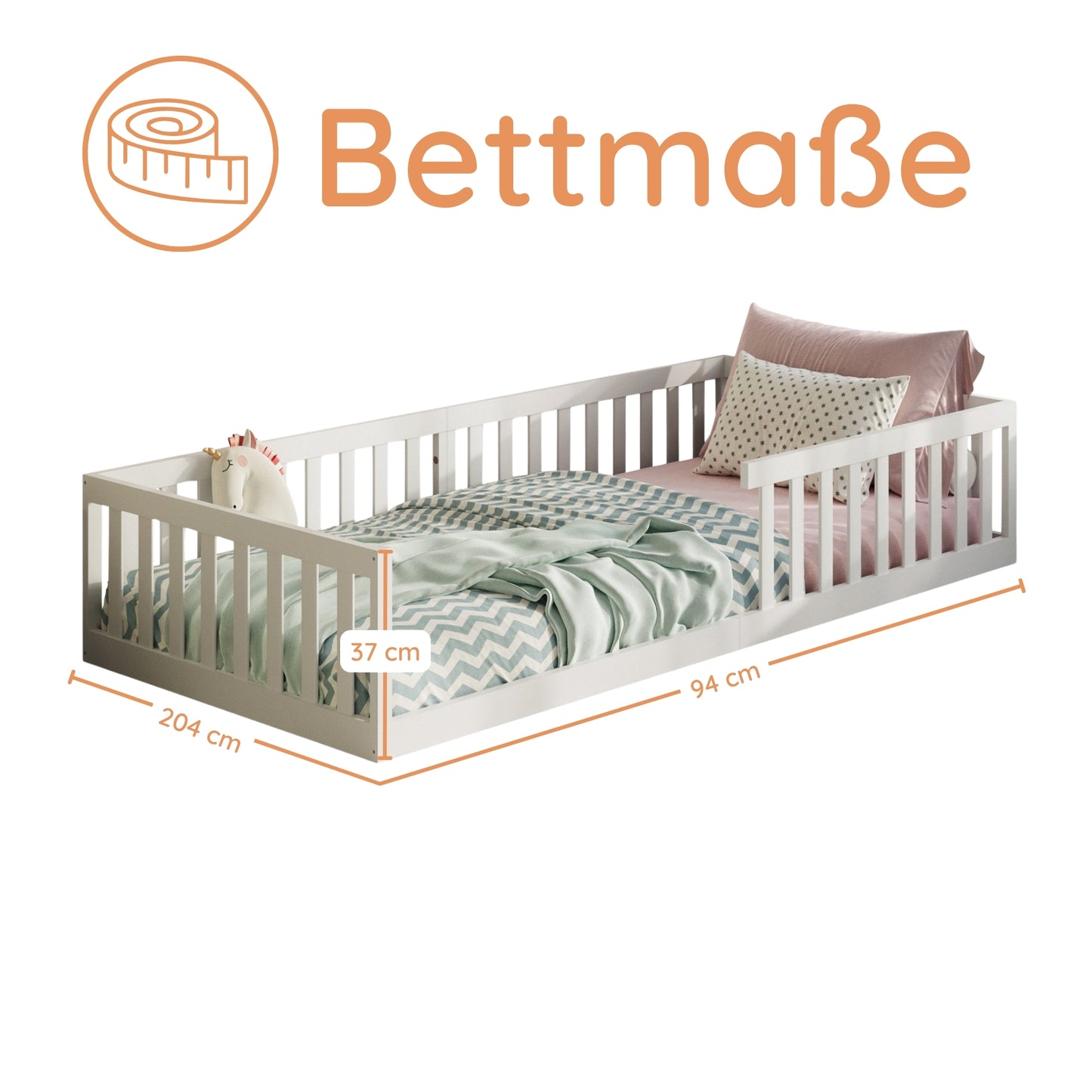 Kinderbett Bodenbett 90x200 | 120x200 | 140x200 cm mit Rausfallschutz & Lattenrost Montessori Bett Bed Gitterbett Kinder Jugendbett Einzelbett optional mit Matratze