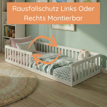 Kinderbett Bodenbett 90x200 | 120x200 | 140x200 cm mit Rausfallschutz & Lattenrost Montessori Bett Bed Gitterbett Kinder Jugendbett Einzelbett optional mit Matratze