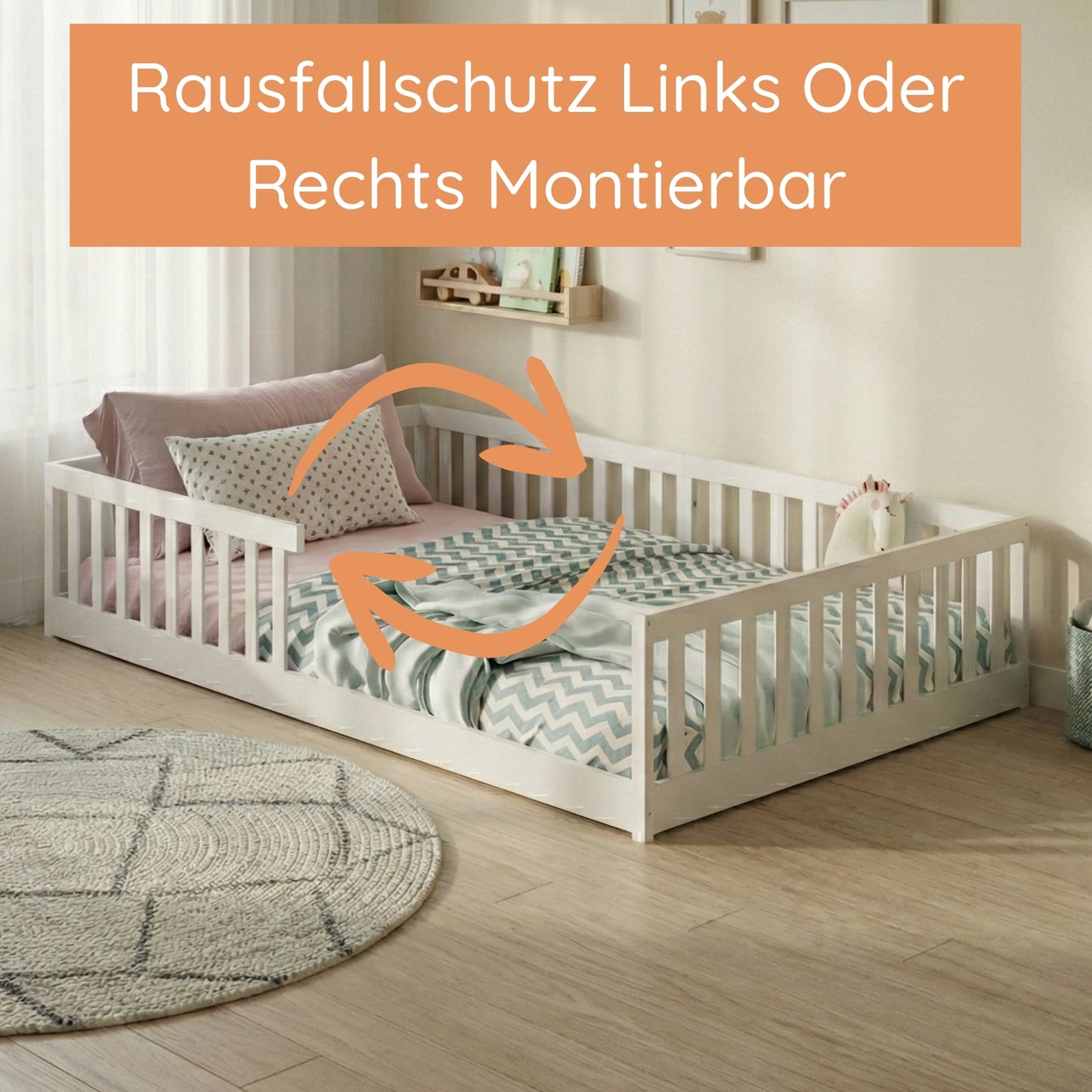 Kinderbett Bodenbett 90x200 | 120x200 | 140x200 cm mit Rausfallschutz & Lattenrost Montessori Bett Bed Gitterbett Kinder Jugendbett Einzelbett optional mit Matratze