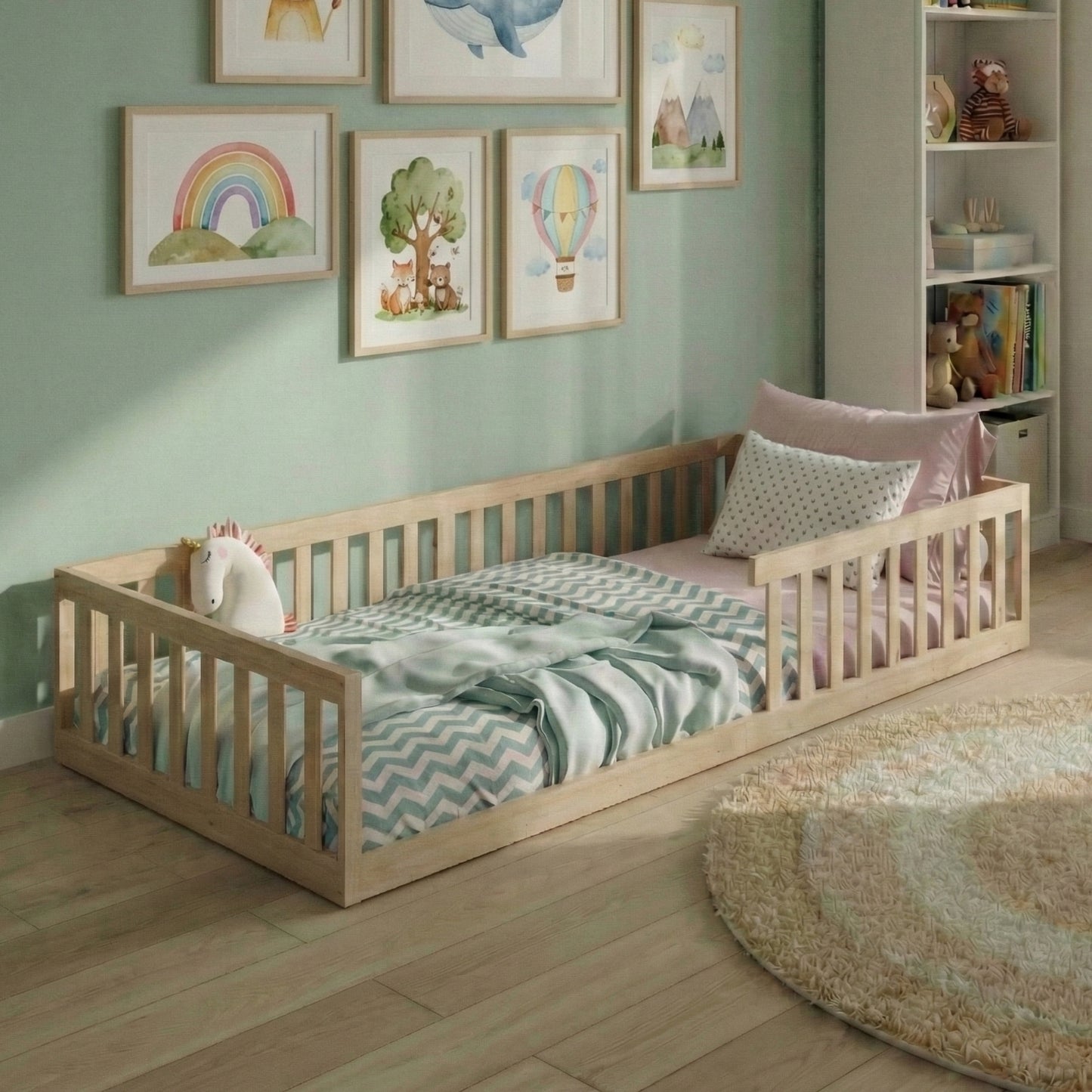 Kinderbett Bodenbett 90x200 | 120x200 | 140x200 cm mit Rausfallschutz & Lattenrost Montessori Bett Bed Gitterbett Kinder Jugendbett Einzelbett optional mit Matratze