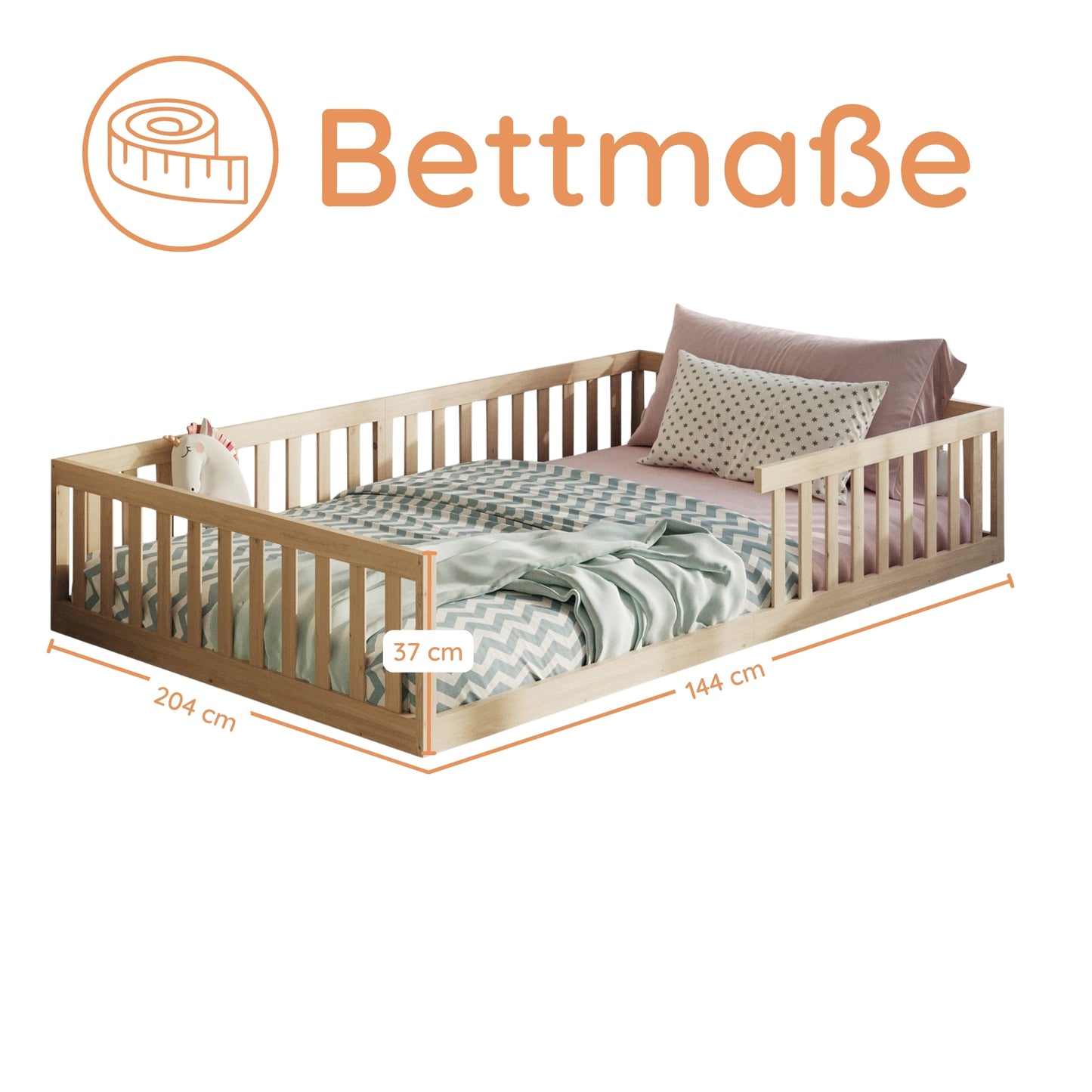 Kinderbett Bodenbett 90x200 | 120x200 | 140x200 cm mit Rausfallschutz & Lattenrost Montessori Bett Bed Gitterbett Kinder Jugendbett Einzelbett optional mit Matratze