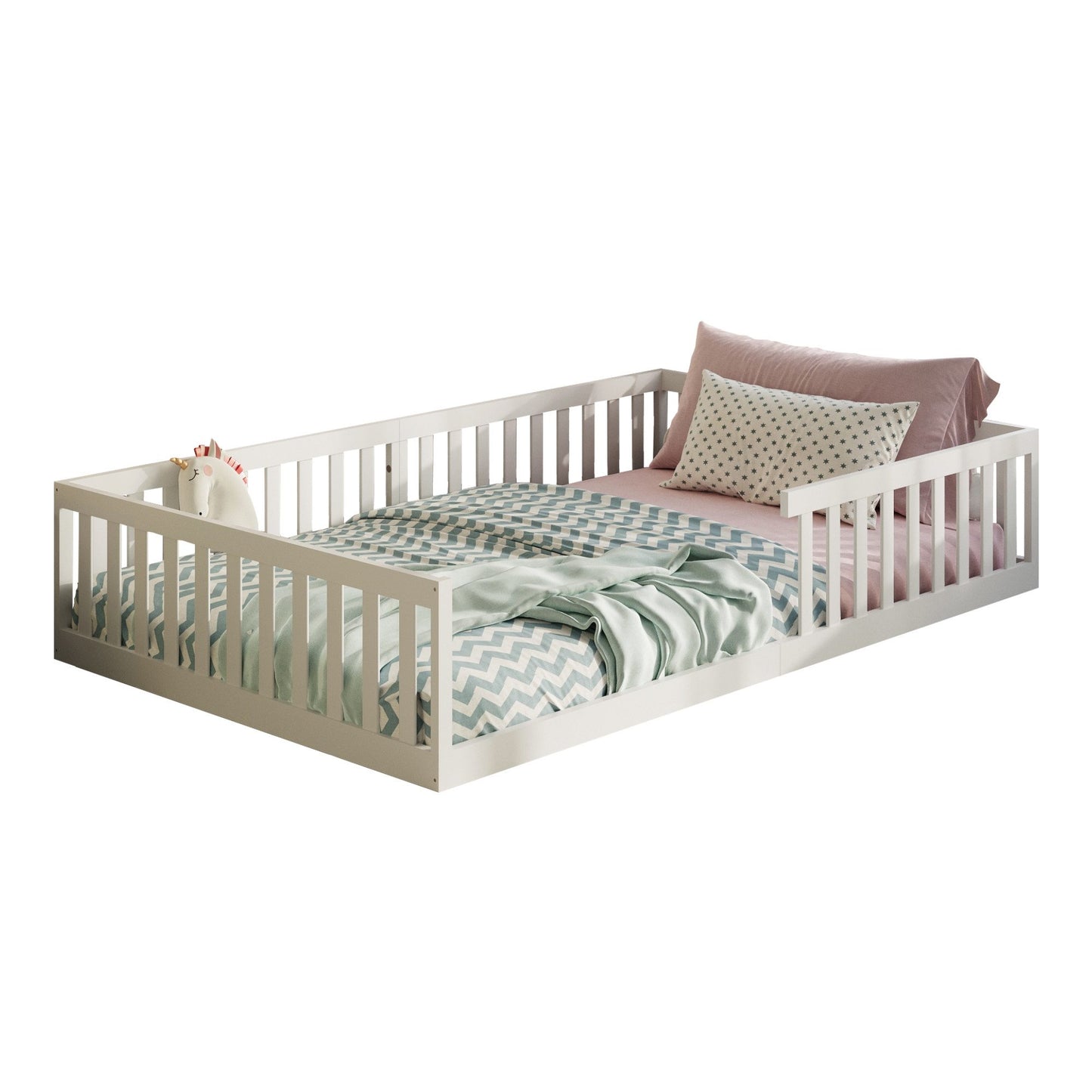 Kinderbett Bodenbett 90x200 | 120x200 | 140x200 cm mit Rausfallschutz & Lattenrost Montessori Bett Bed Gitterbett Kinder Jugendbett Einzelbett optional mit Matratze