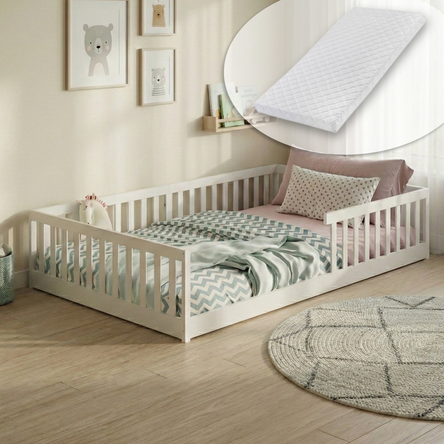 Kinderbett Bodenbett 90x200 | 120x200 | 140x200 cm mit Rausfallschutz & Lattenrost Montessori Bett Bed Gitterbett Kinder Jugendbett Einzelbett optional mit Matratze