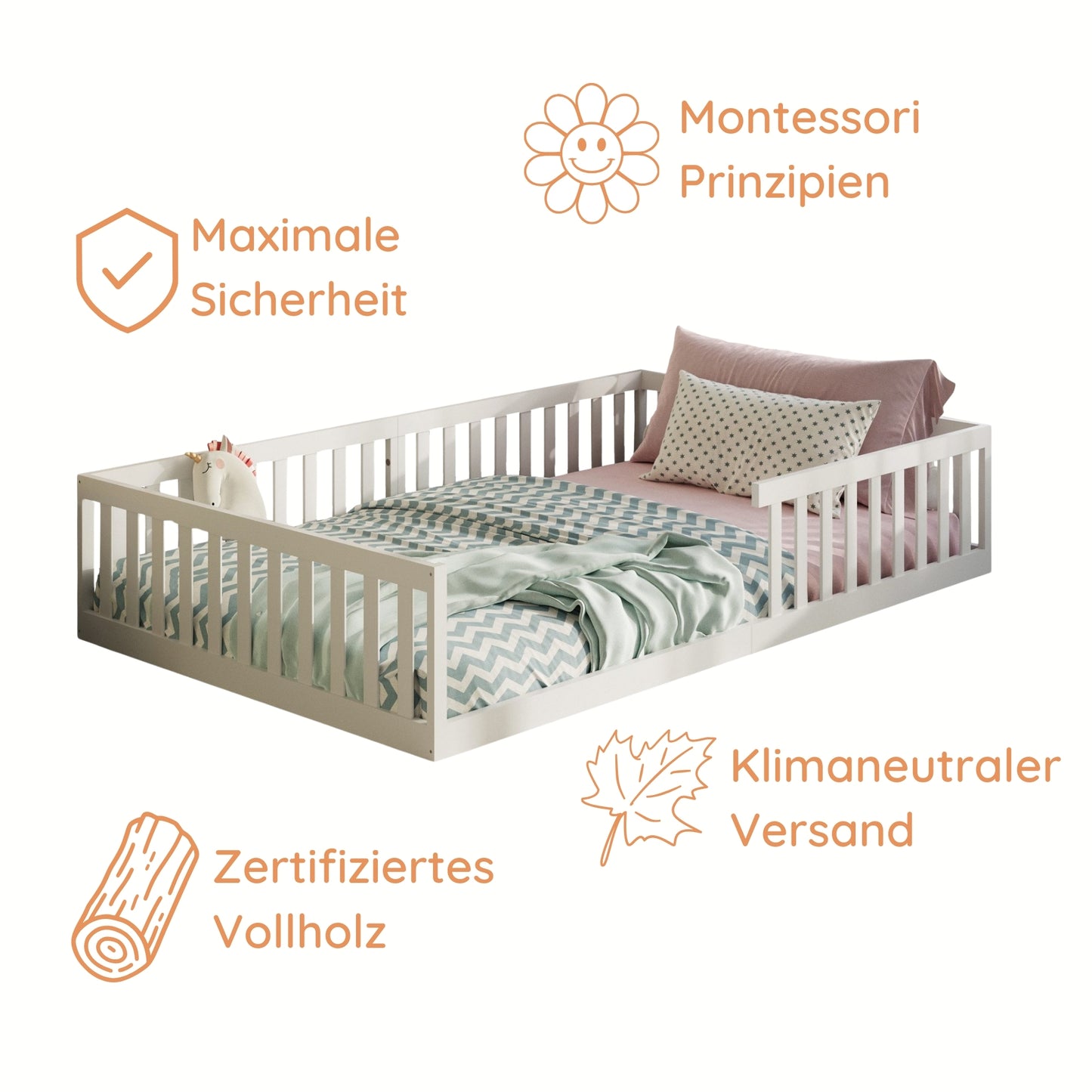 Kinderbett Bodenbett 90x200 | 120x200 | 140x200 cm mit Rausfallschutz & Lattenrost Montessori Bett Bed Gitterbett Kinder Jugendbett Einzelbett optional mit Matratze