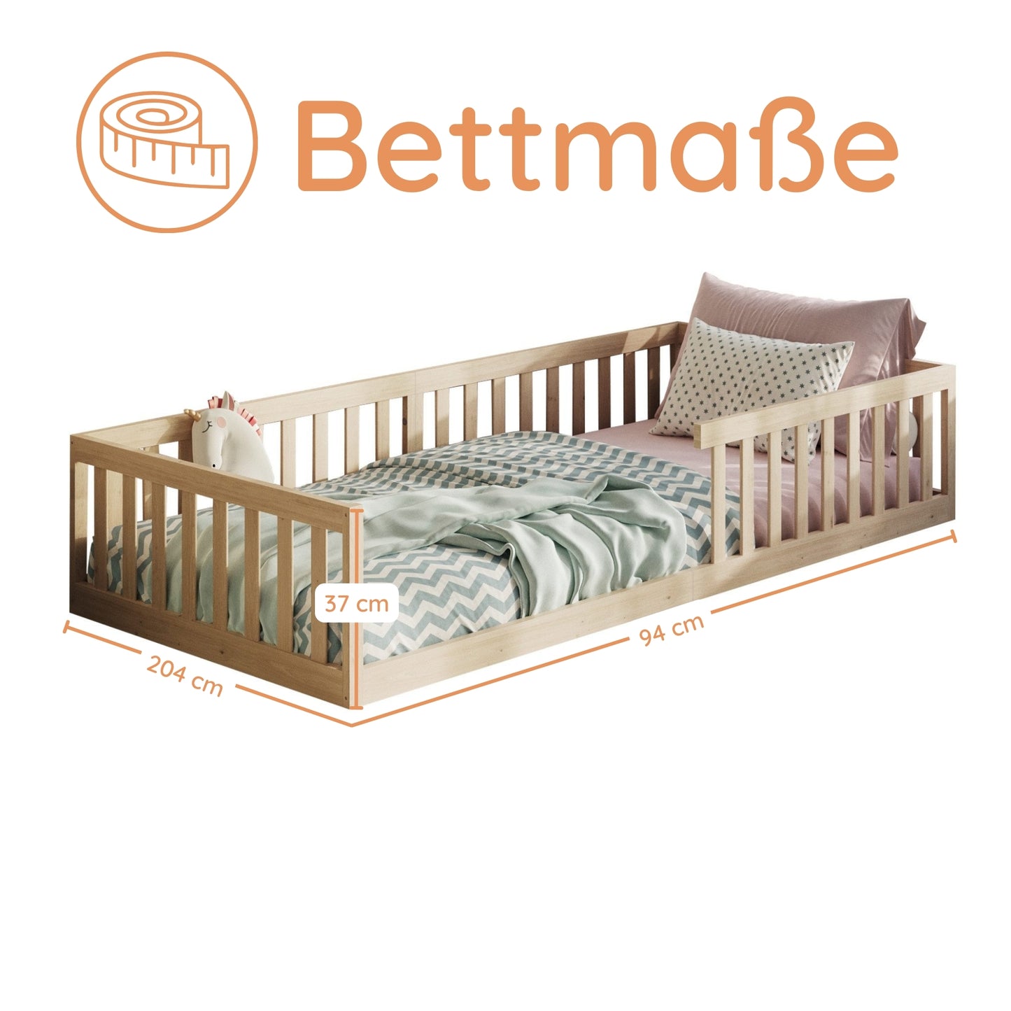 Kinderbett Bodenbett 90x200 | 120x200 | 140x200 cm mit Rausfallschutz & Lattenrost Montessori Bett Bed Gitterbett Kinder Jugendbett Einzelbett optional mit Matratze