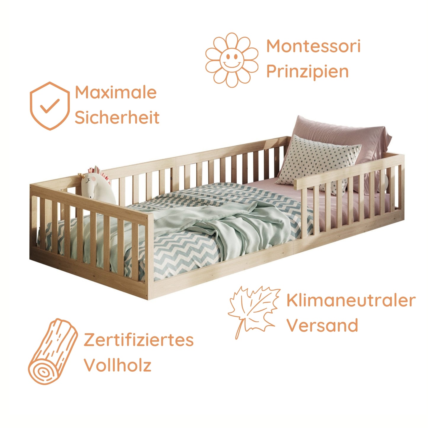 Kinderbett Bodenbett 90x200 | 120x200 | 140x200 cm mit Rausfallschutz & Lattenrost Montessori Bett Bed Gitterbett Kinder Jugendbett Einzelbett optional mit Matratze