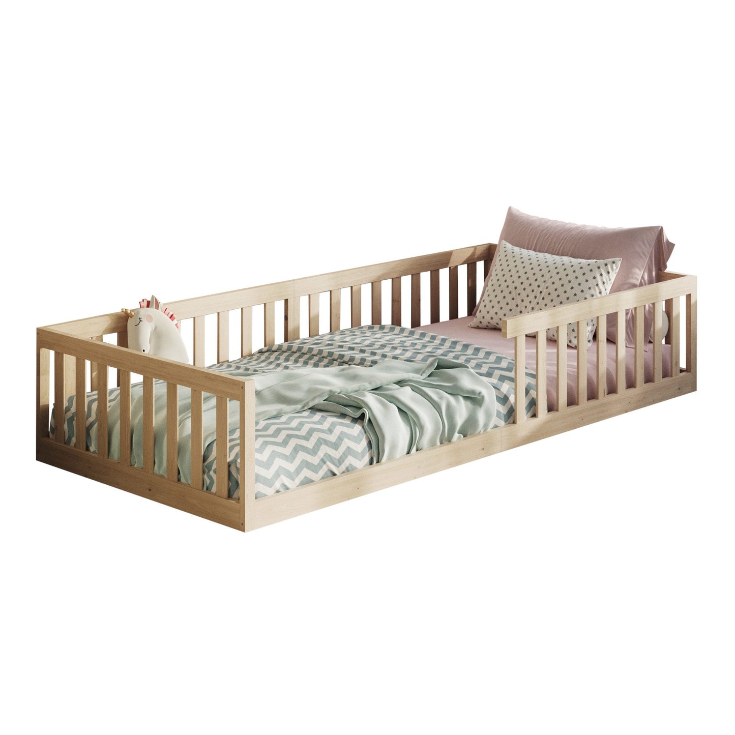 Kinderbett Bodenbett 90x200 | 120x200 | 140x200 cm mit Rausfallschutz & Lattenrost Montessori Bett Bed Gitterbett Kinder Jugendbett Einzelbett optional mit Matratze