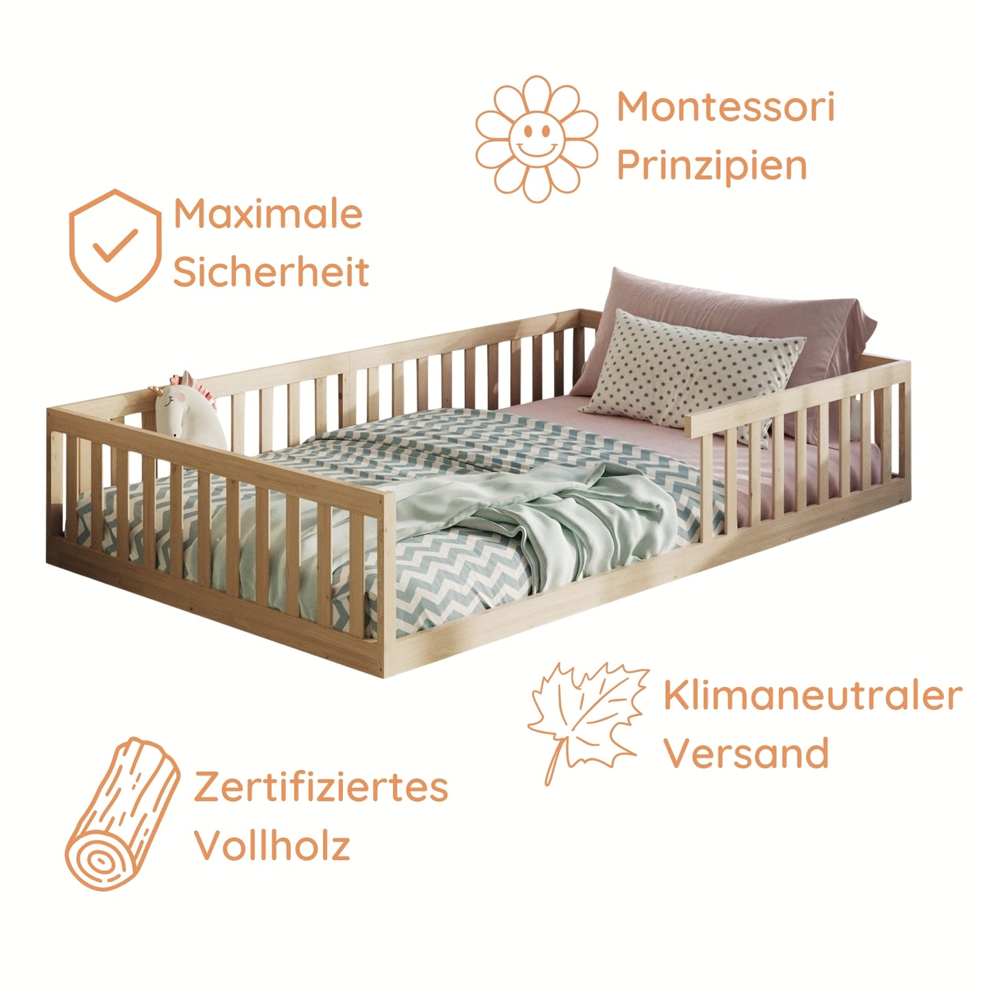 Kinderbett Bodenbett 90x200 | 120x200 | 140x200 cm mit Rausfallschutz & Lattenrost Montessori Bett Bed Gitterbett Kinder Jugendbett Einzelbett optional mit Matratze